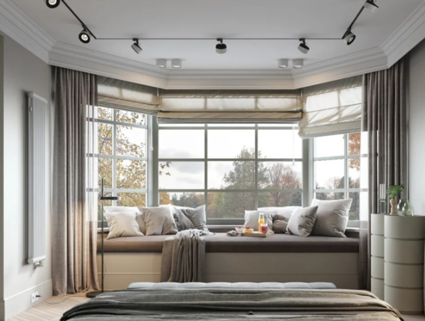 上海家庭裝修風格：家庭裝修，小戶型裝修，拐角飄窗窗簾怎樣安裝好看？