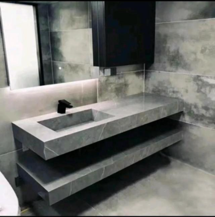 太空鋁懸掛式浴室柜，雙層巖板懸浮浴室柜