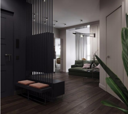 客廳電視墻裝修：玄關木格柵兼做電視墻，臥室墻體斜砌更通暢